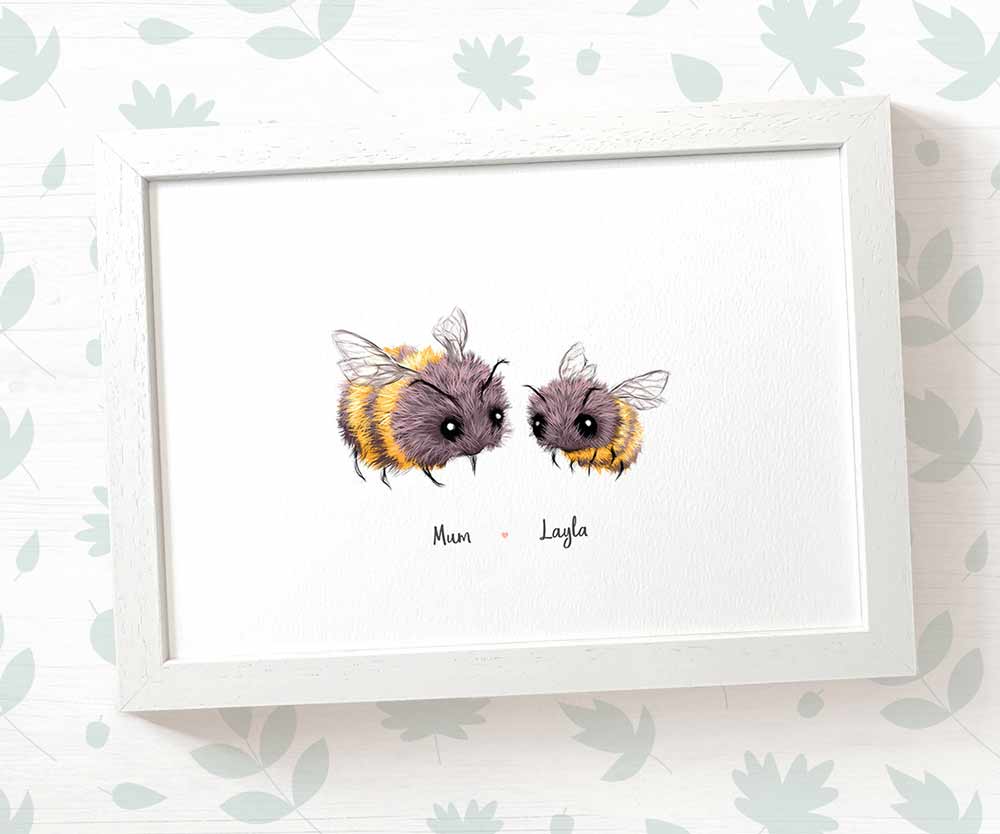 Framed A3 bumblebee print featuring a mum and baby with names for the best mothers day gift