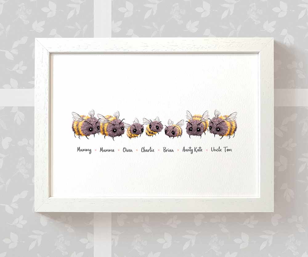 Bumblebee family of 7 portrait personalised with names displayed in an A4 white wood frame for a thoughful gift for mum