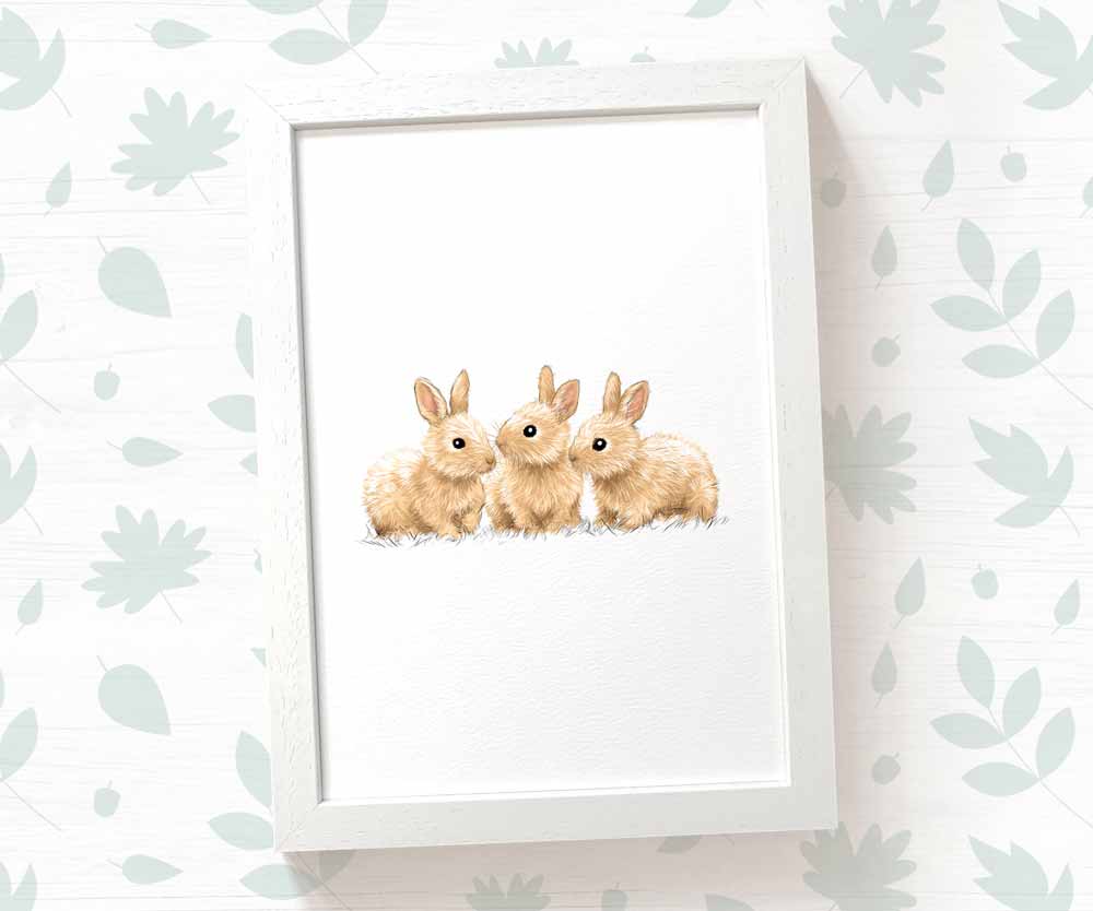Rabbits Woodland Animal Nursery Print for Triplets