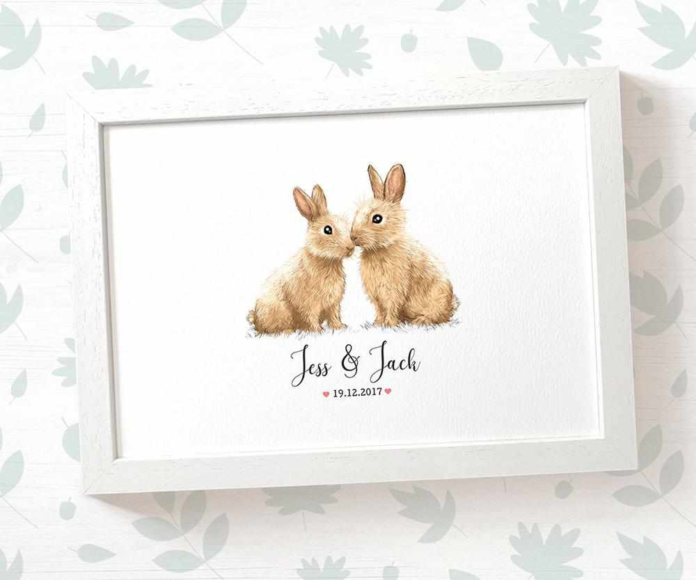 Personalized Bunny Rabbit Couple A4 Framed Print Featuring Newlywed Names And Date For A Unique Wedding Gift