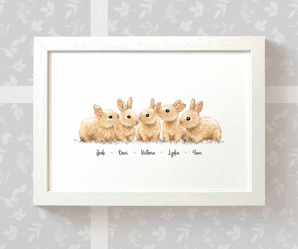Five baby bunny rabbits framed A3 family print with names for a unique baby shower gift