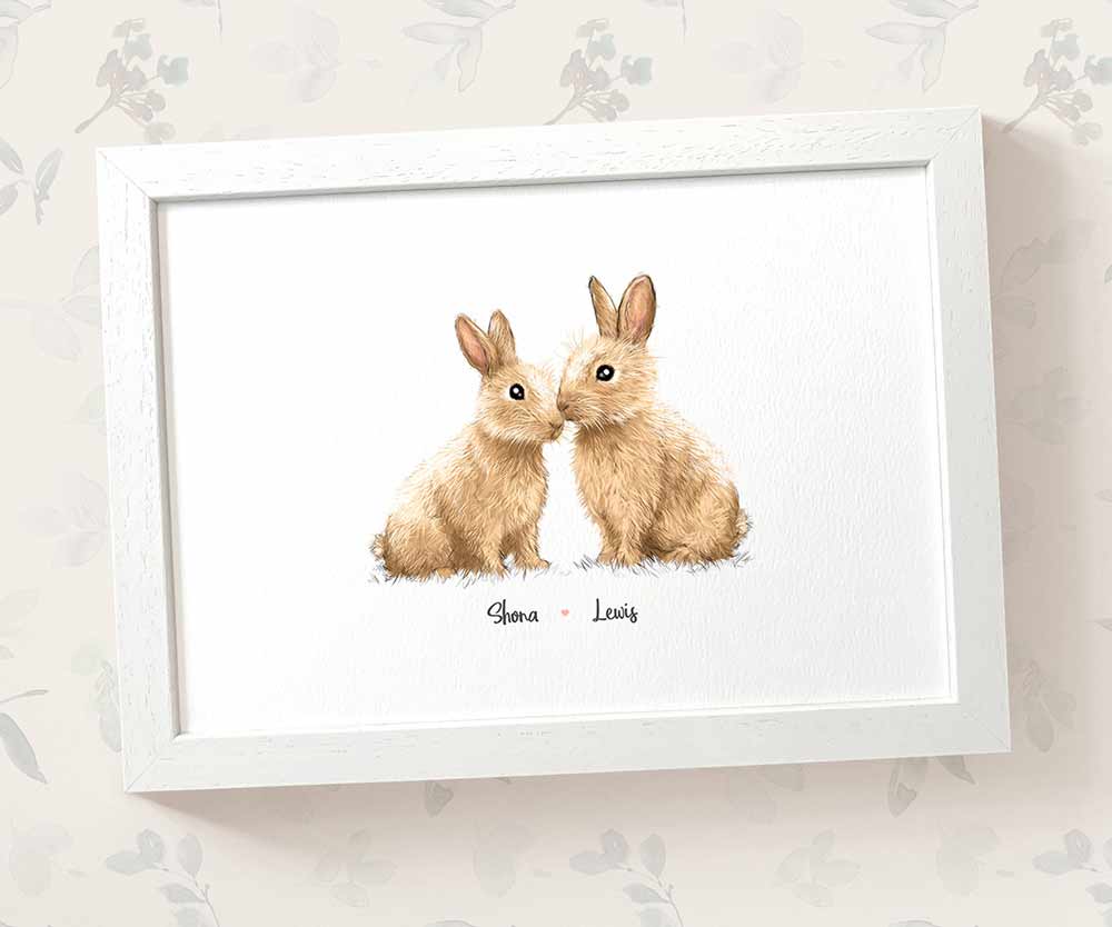 Bunny rabbit couple framed print with personalised names beneath for the best husband or wife gift