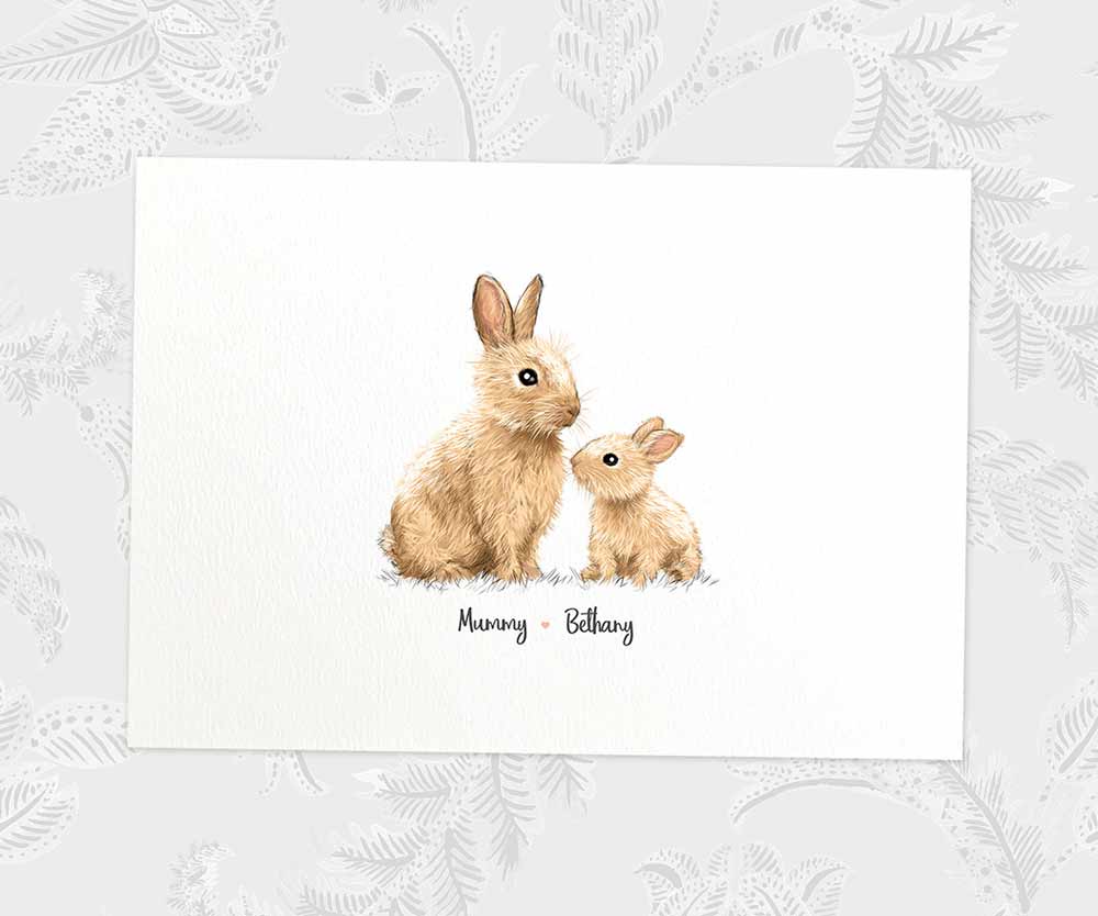 Printed A4 bunny rabbit family portrait featuring mum and baby with names for the best mothers day gift