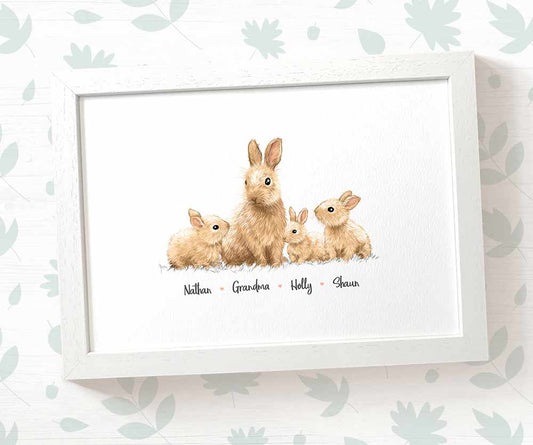 Bunny rabbit A3 framed family print featuring grandma and grandchildren personalised with names for the best grandparent gift