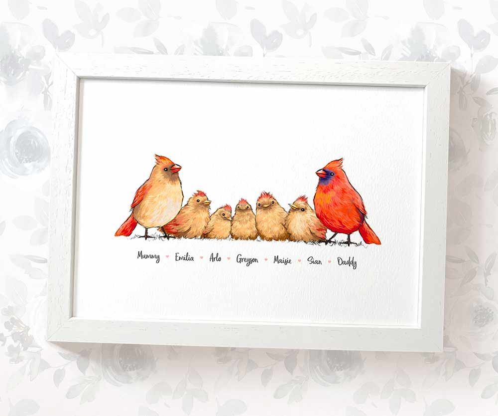 Printed A4 family of 7 cardinals personalised with names for a special mothers day present