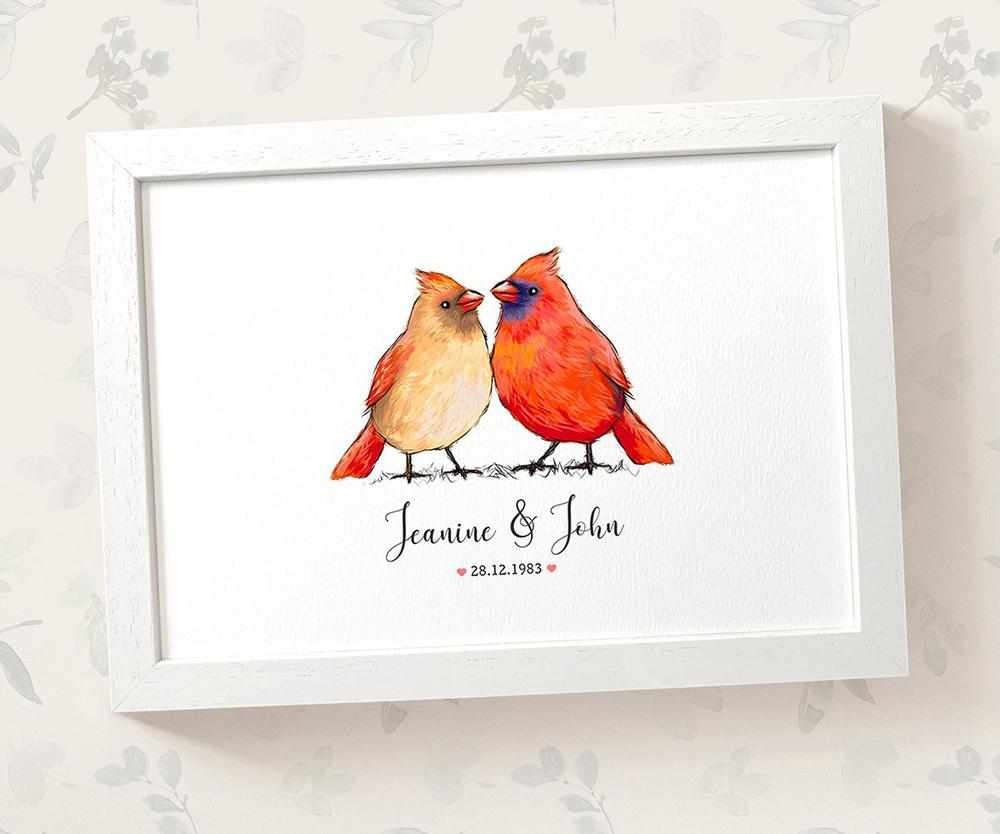 Personalized Cardinal Couple A4 Framed Print Featuring Newlywed Names And Date For A Unique Wedding Gift