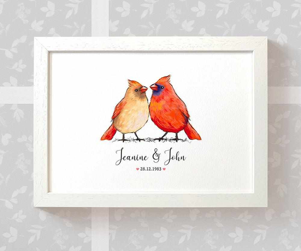 Personalized Cardinal Couple A4 Framed Print Featuring Names and Date For A Special First Anniversary Gift