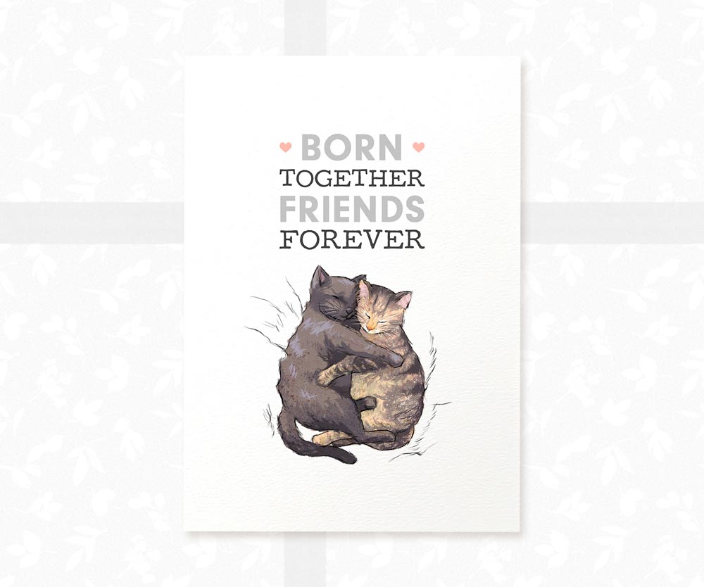 Cats Nursery Print for Twins "Born Together, Friends Forever"