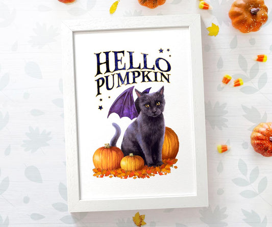 Cat Halloween Decoration Hello Pumpkin Wall Art Autumn Print Party Decor Ideas Hocus Pocus Framed A4