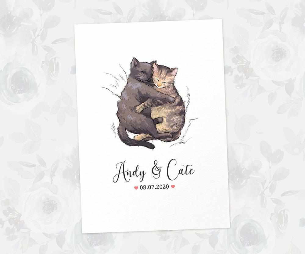 Two Cats A4 Unframed Print Customized With Names And Date For A Thoughtful Valentines Day Gift