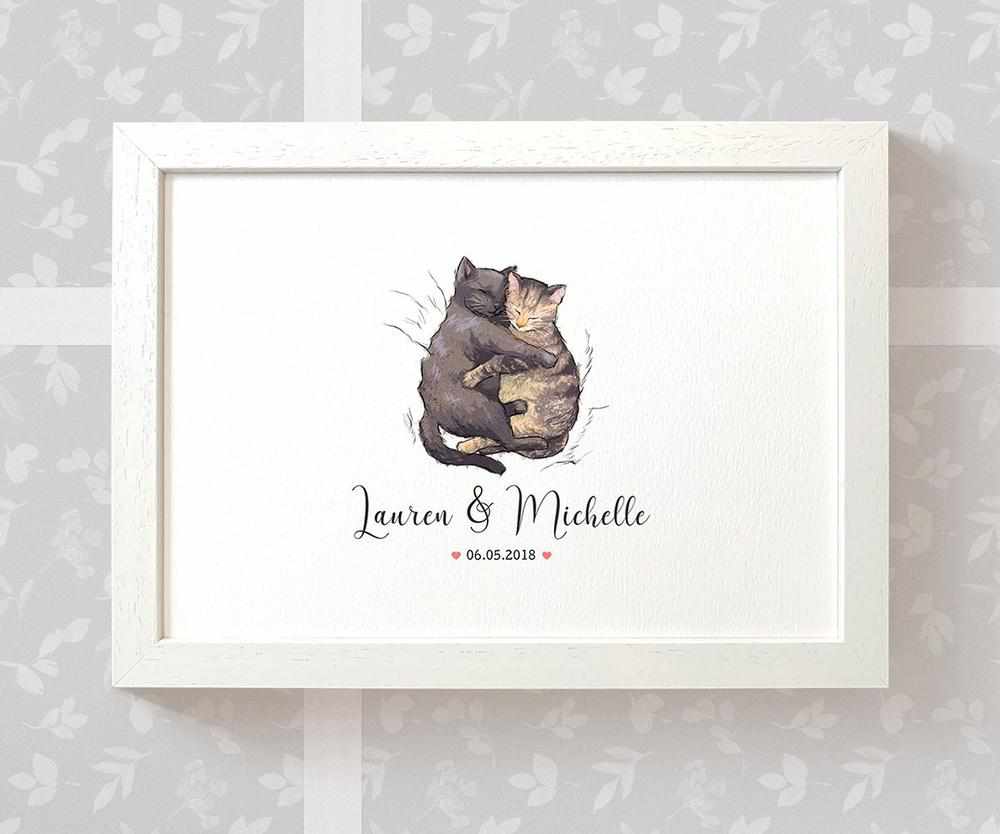 Personalized Cat Couple A3 Framed Print Featuring Names And Date For A Memorable 50th Anniversary Gift For Parents