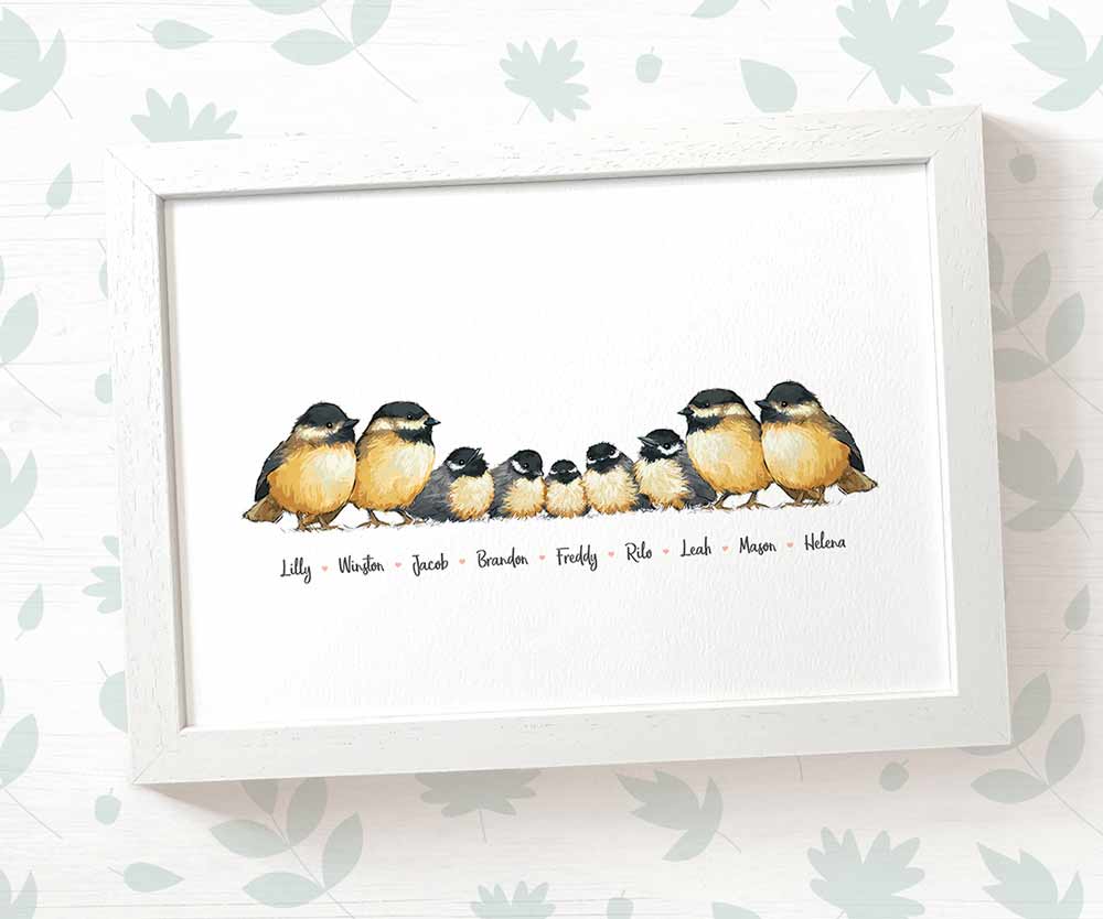 Chickadee family portrait featuring grandma and grandad with grandchildren and personalised names for the best grandparent gift