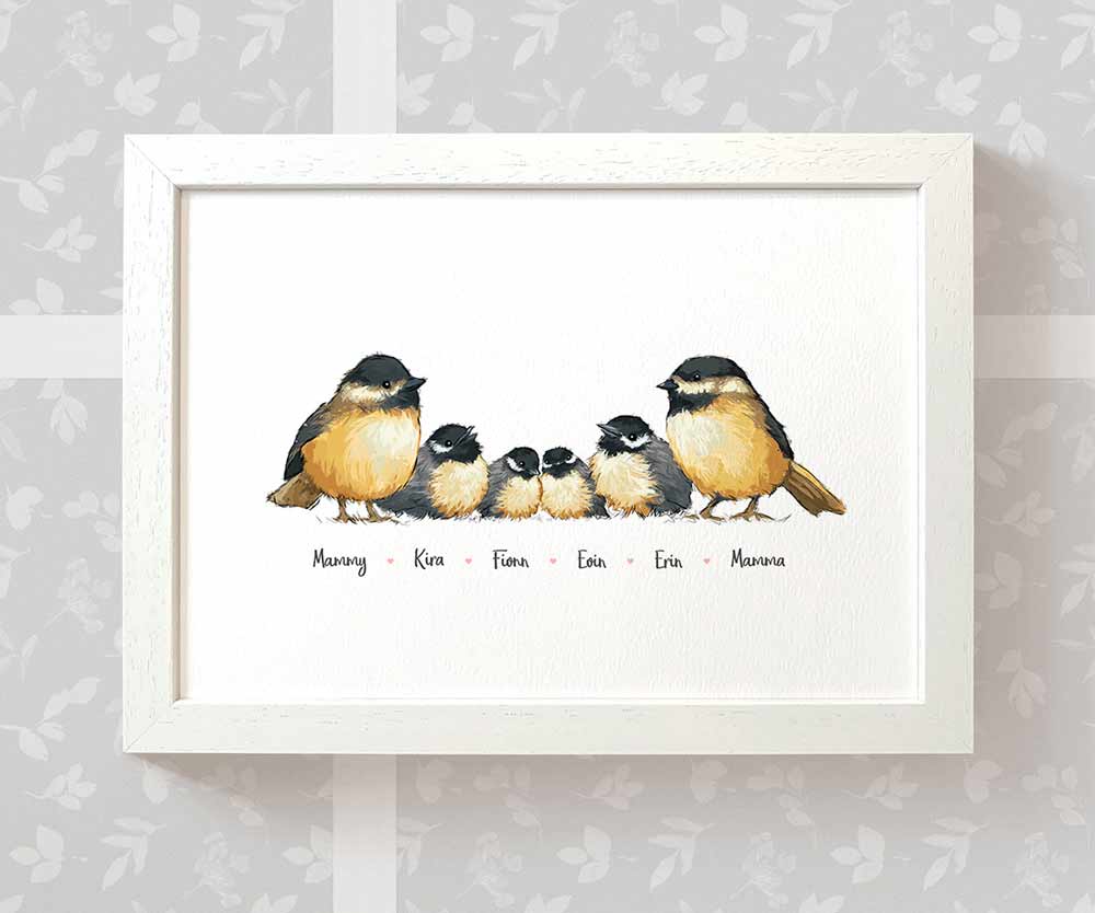 Chickadee family portrait personalised with names displayed in an A4 white wood frame for a thoughful gift for mum