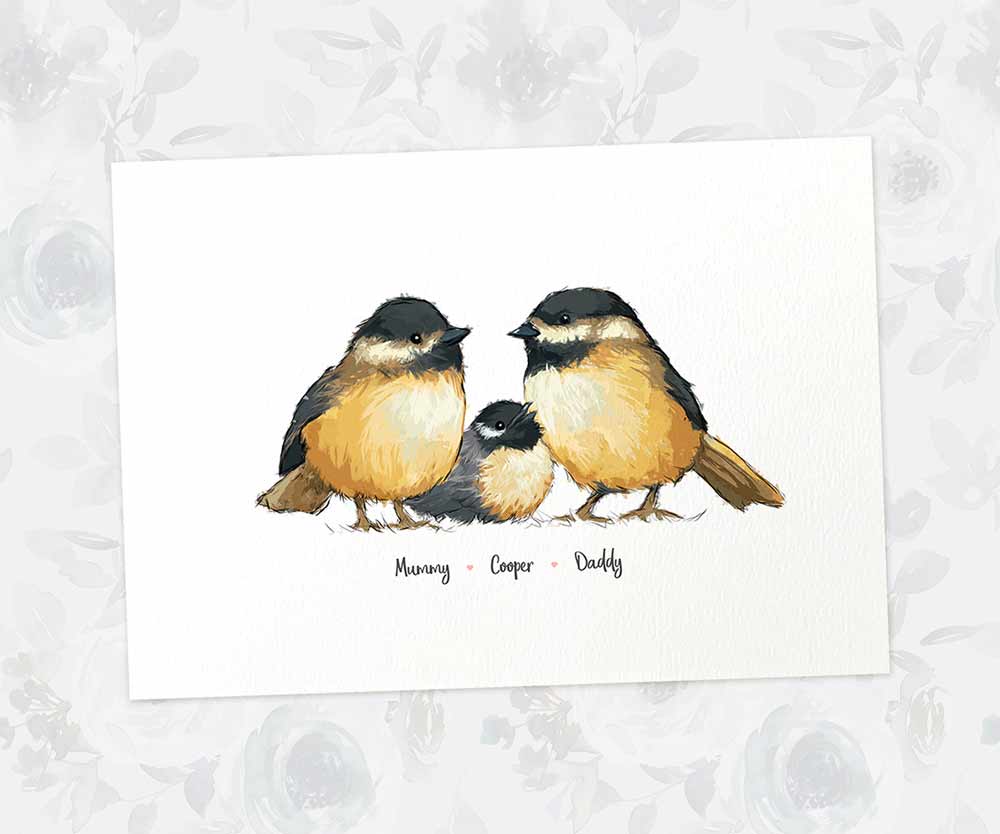Chickadee bird family portrait personalised with names frame for a thoughful gift for dad