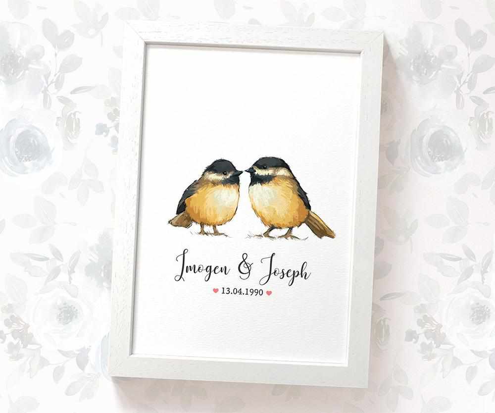 Personalized Chickadee Couple A4 Framed Print Featuring Names and Date For A Special First Anniversary Gift