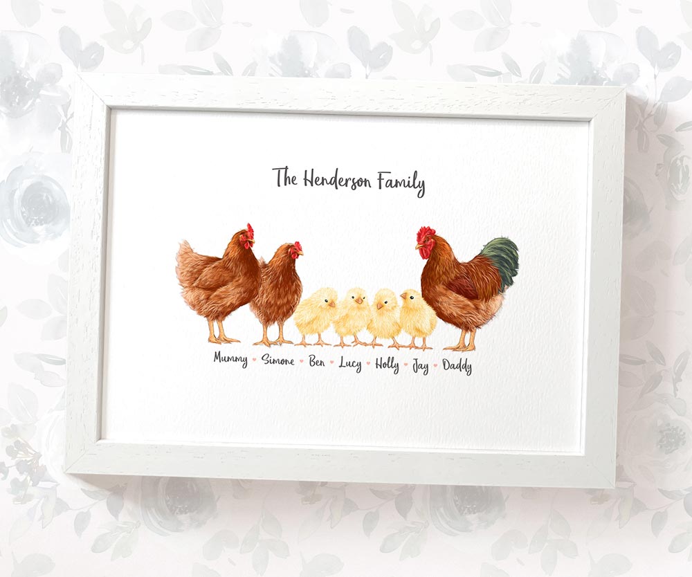 White framed A4 chicken family portrait with personalised names for the perfect birthday gift for mum