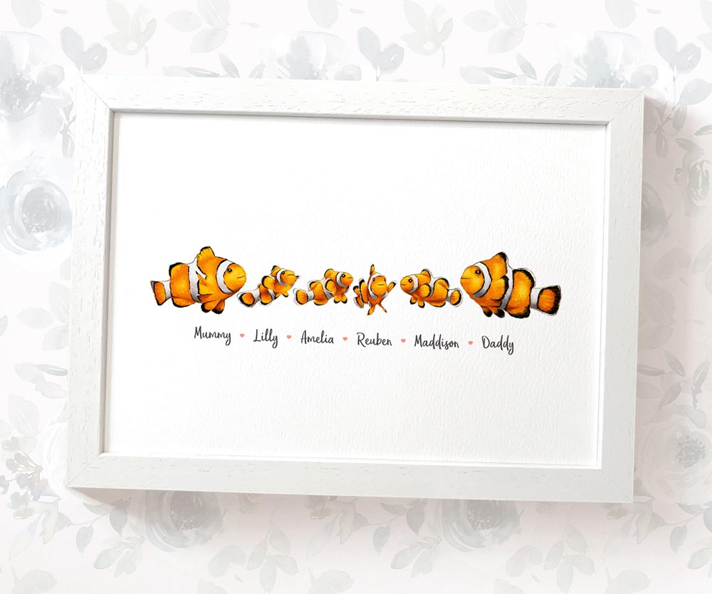 Clown fish family of 5 portrait personalised with names displayed in an A4 white wood frame for a thoughful gift for mum