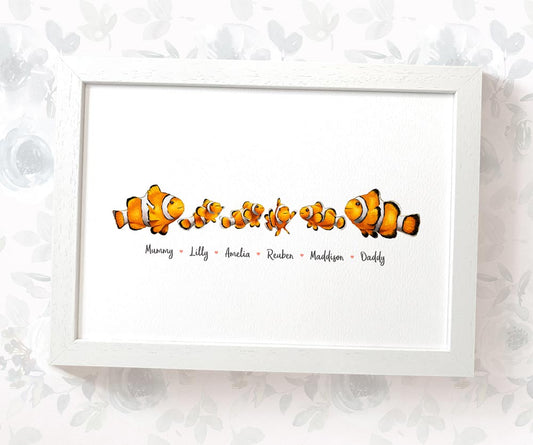 Clown fish family of 5 portrait personalised with names displayed in an A4 white wood frame for a thoughful gift for mum