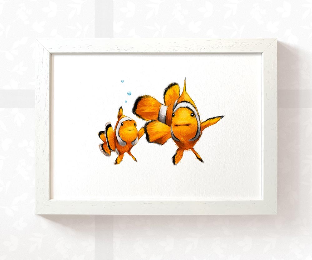 Clown fish parent and baby nursery art print in white A4 frame