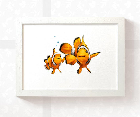 Clown fish parent and baby nursery art print in white A4 frame