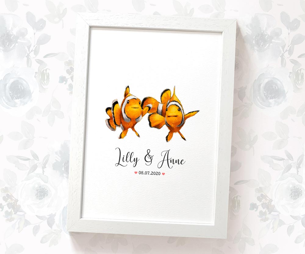 Framed A3 clown fish couple personalised print with names and anniversary date