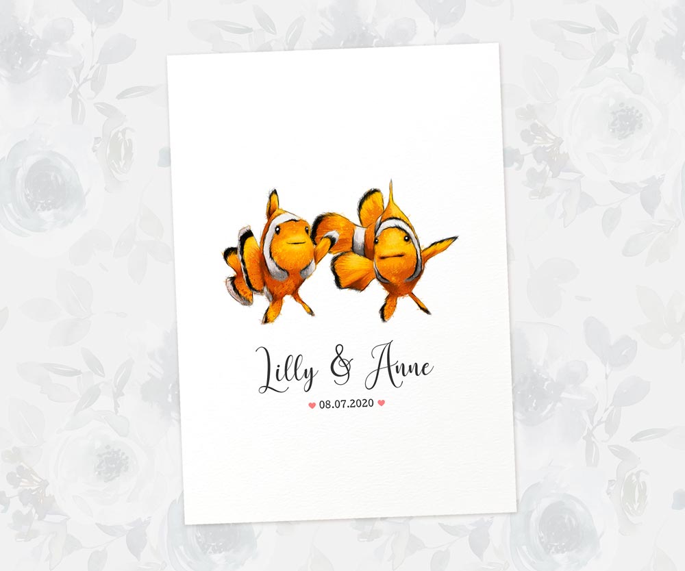 Clown fish couple personalised A3 print with names and anniversary date