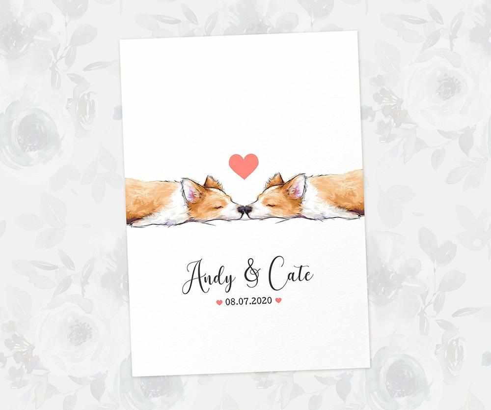 Two Corgis A4 Unframed Print Customized With Names And Date For A Thoughtful Valentines Day Gift