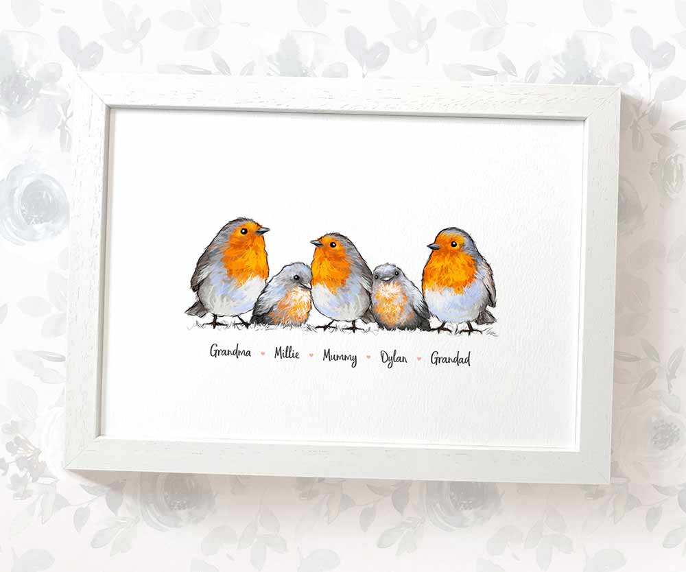 Robin family portrait featuring grandma grandad and grandchildren personalised with names for the best grandparents gift