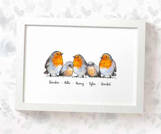 Robin family portrait featuring grandma grandad and grandchildren personalised with names for the best grandparents gift