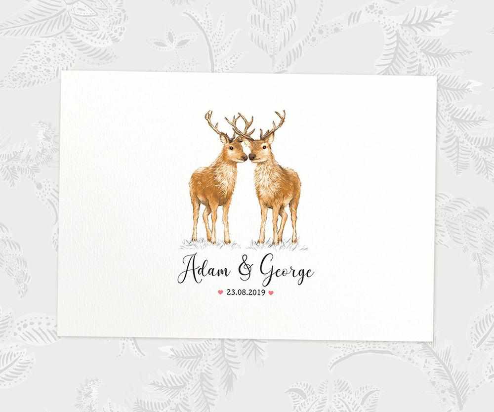 Two Deers A3 Unframed Art Print Personalized With Names And Date For A Heartwarming Valentines Day Gift