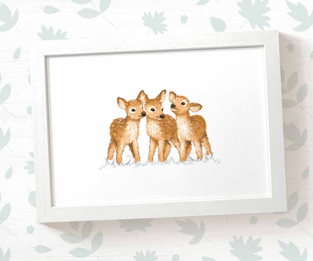Deer Woodland Animal Nursery Print for Triplets