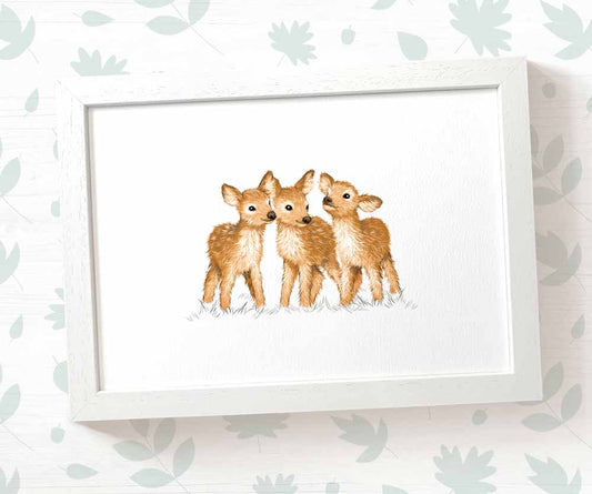 Deer Woodland Animal Nursery Print for Triplets