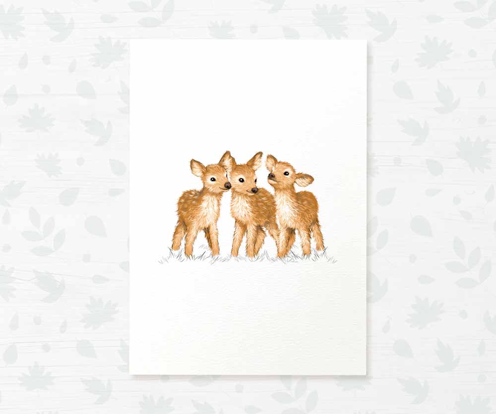 Deer Woodland Animal Nursery Print for Triplets