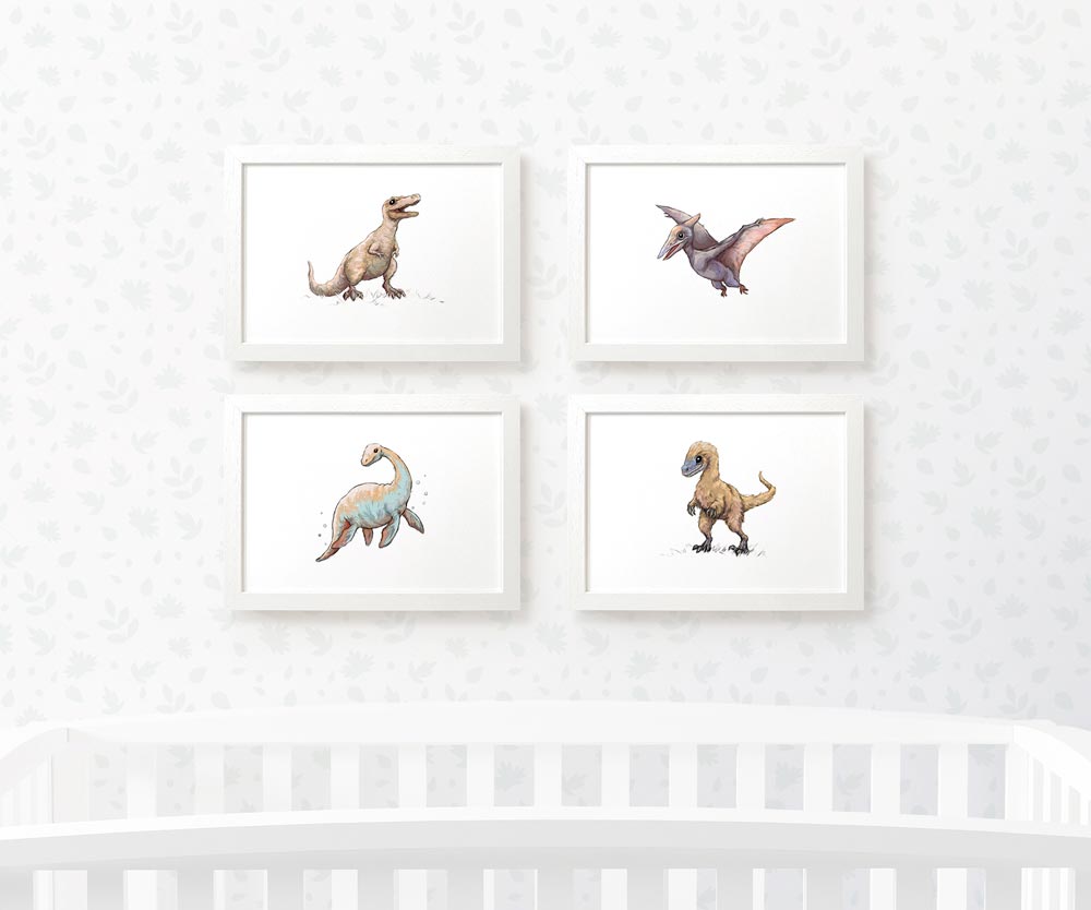 Dinosaur Nursery Prints New Baby Shower Pregnancy Gift Boy Girl Childrens Wall Art Set Newborn Playroom