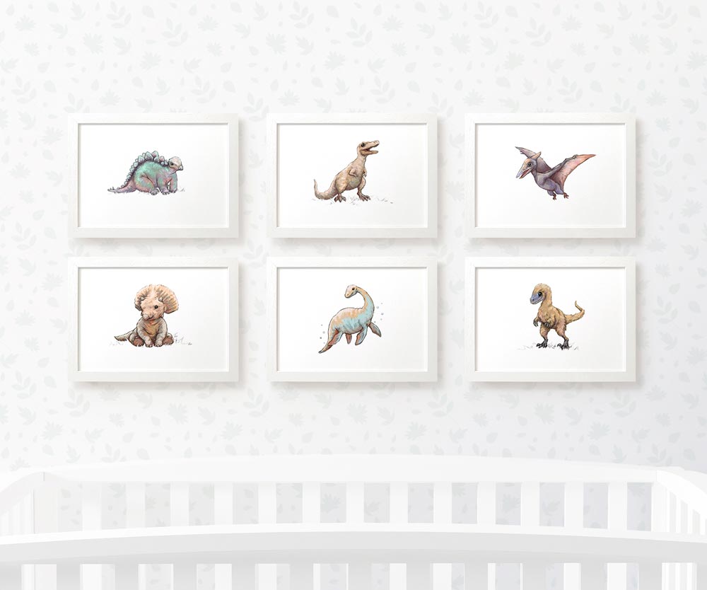 Dinosaur Nursery Prints New Baby Shower Pregnancy Gift Boy Girl Childrens Wall Art Set Newborn Playroom