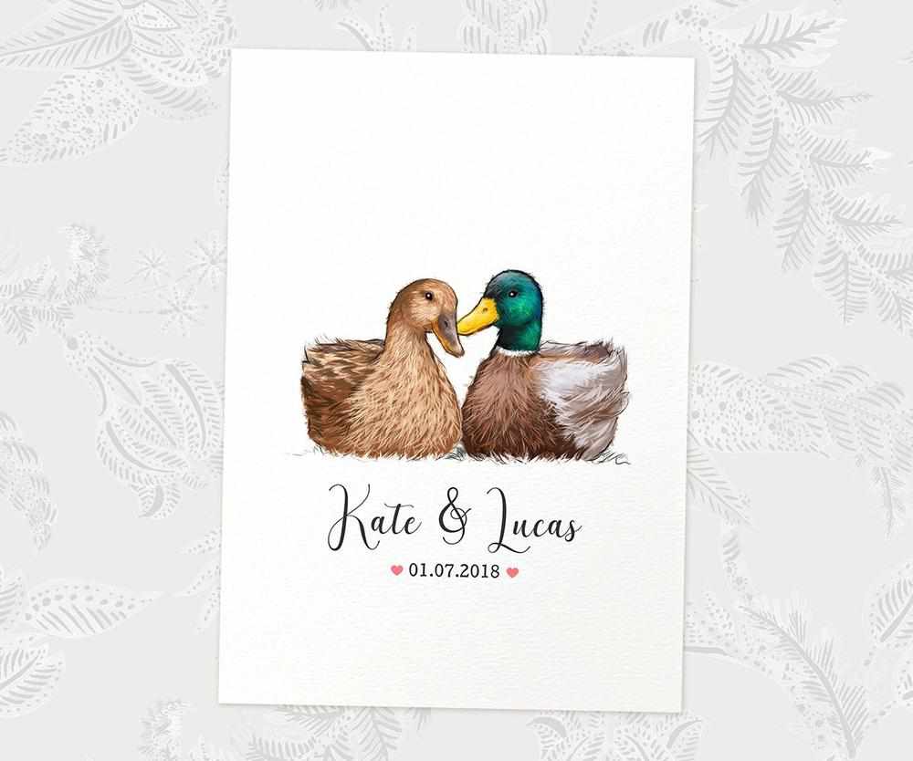 Two Ducks A4 Unframed Print Customized With Names And Date For A Thoughtful Valentines Day Gift