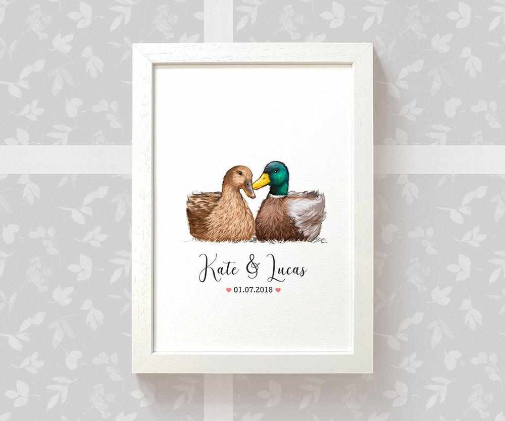 Personalized Duck Couple A4 Framed Print Featuring Names and Date For A Special First Anniversary Gift