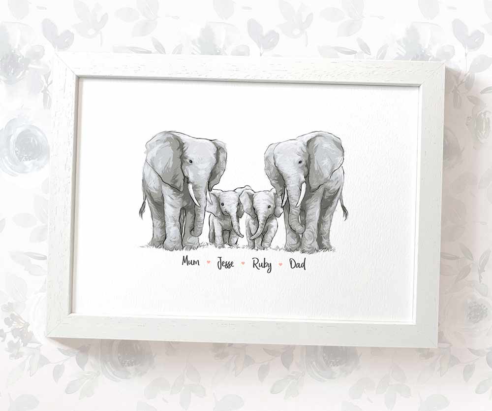 White framed A4 family portrait of 4 elephants with personalised names for the perfect birthday gift for mum