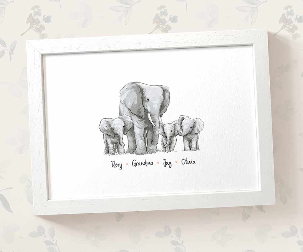 Elephant family portrait featuring grandma with grandchildren and personalised names for the best grandparent gift