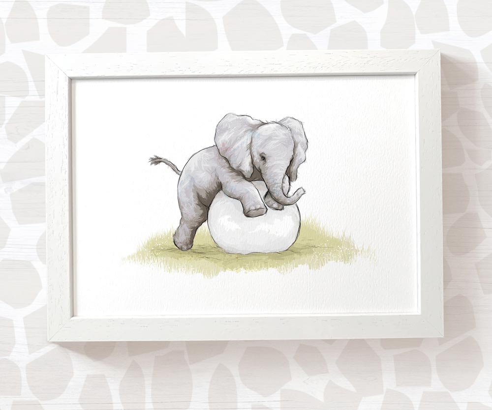 Newborn Baby Shower Gift Safari Nursery Decor Kids Animal Wall Art Elephant Print First Birthday Framed