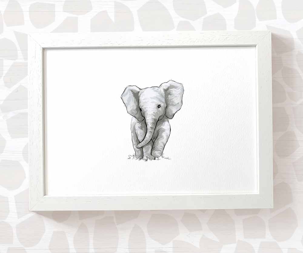 Newborn Baby Shower Gift Safari Nursery Decor Kids Animal Wall Art Elephant Print First Birthday Framed