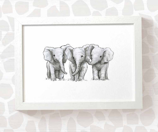 Triplet Baby Gift Safari Nursery Decor Childrens Animal Wall Art Elephant Print Playroom Newborn First Birthday