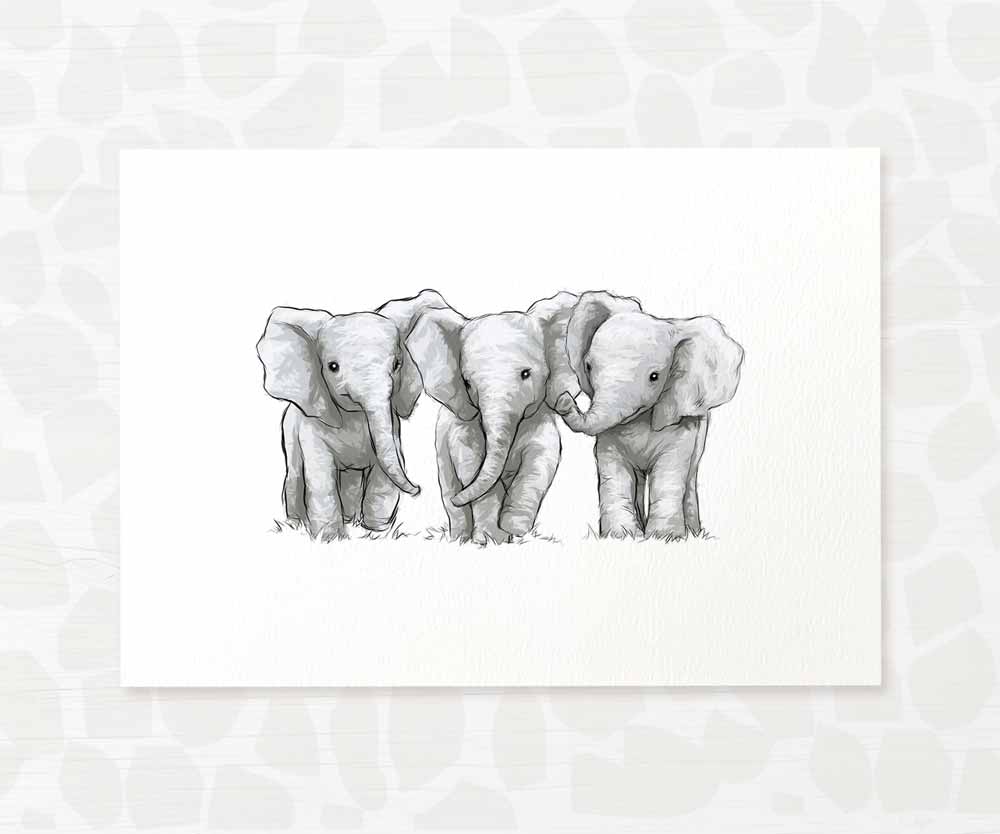 Triplet Baby Shower Gift Safari Jungle Nursery Decor Animal Wall Art Elephant Print Newborn Boy Girl