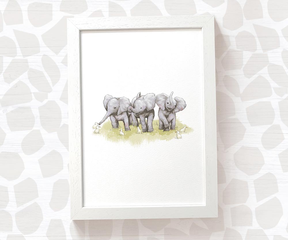 Newborn Baby Shower Gift Safari Nursery Decor Kids Animal Wall Art Elephant Print First Birthday Framed