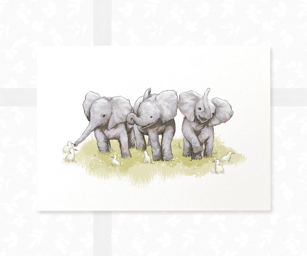 Triplet Baby Shower Gift Safari Jungle Nursery Decor Animal Wall Art Elephant Print Newborn Gender Neutral