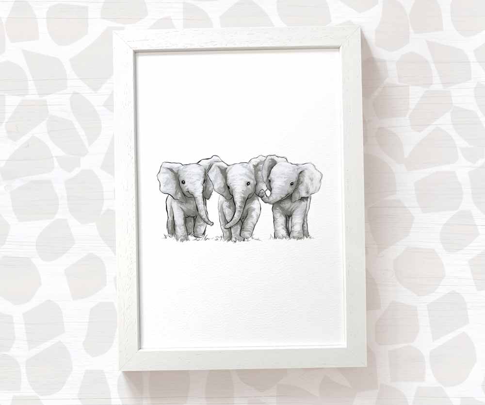 Newborn Baby Shower Gift Safari Nursery Decor Kids Animal Wall Art Elephant Print First Birthday Framed