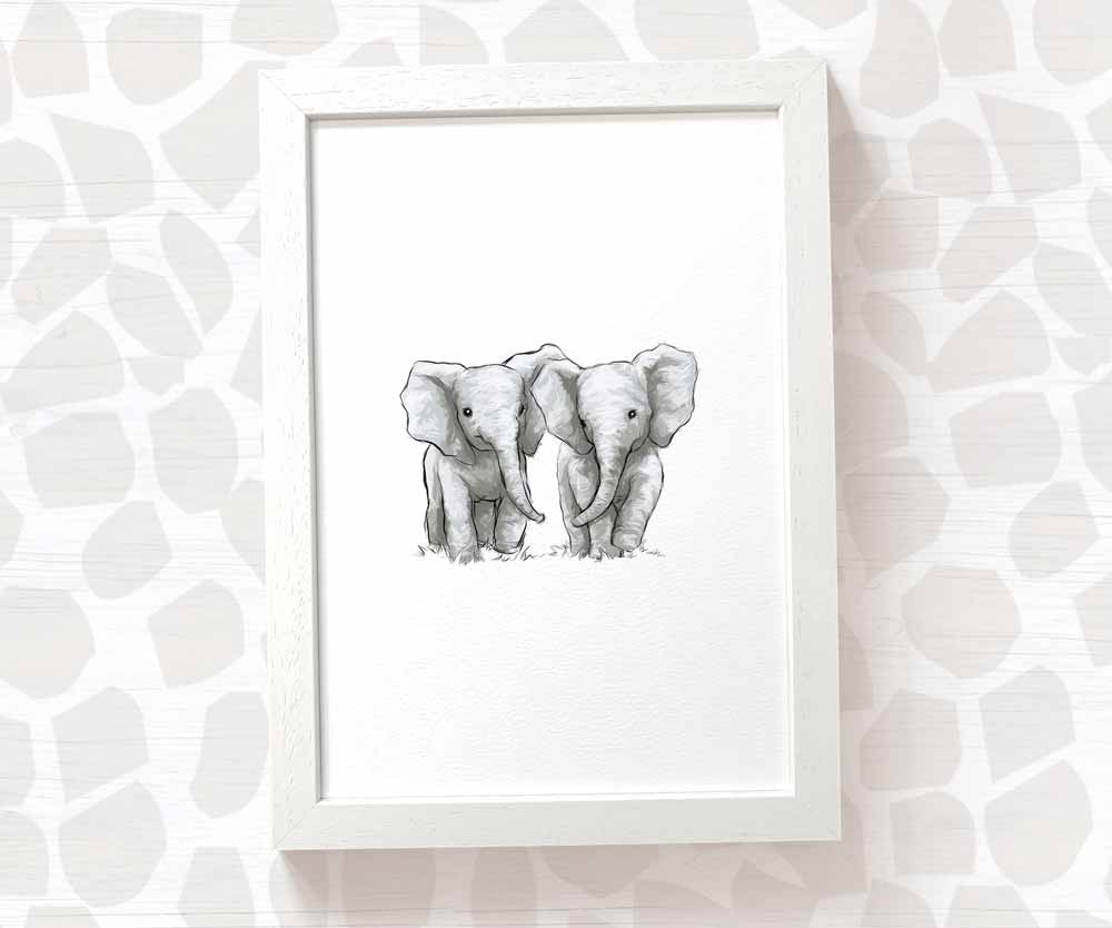 Newborn Baby Shower Gift Safari Nursery Decor Kids Animal Wall Art Elephant Print First Birthday Framed