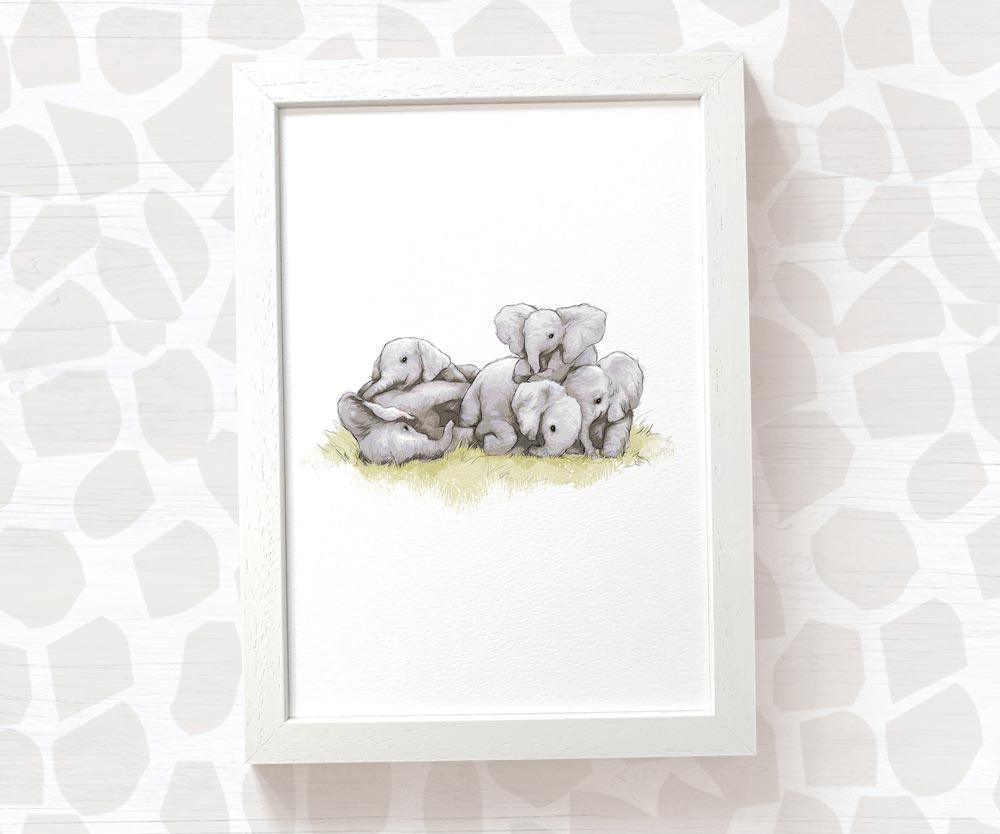 Newborn Baby Shower Gift Safari Nursery Decor Kids Animal Wall Art Elephant Print First Birthday Framed