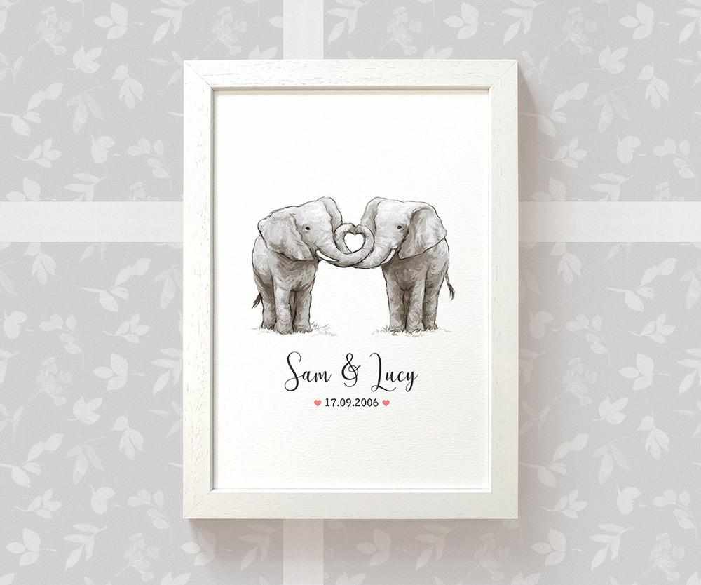 Personalized Elephant Couple A4 Framed Print Featuring Newlywed Names And Date For A Unique Wedding Gift