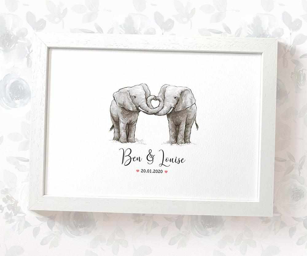 Personalized Elephant Couple A4 Framed Print Featuring Names and Date For A Special First Anniversary Gift